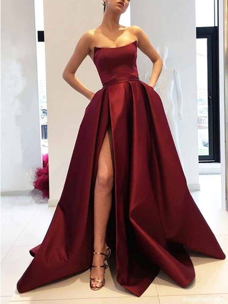 A Line Strapless High Slit  Burgundy Pink Navy Blue Prom  