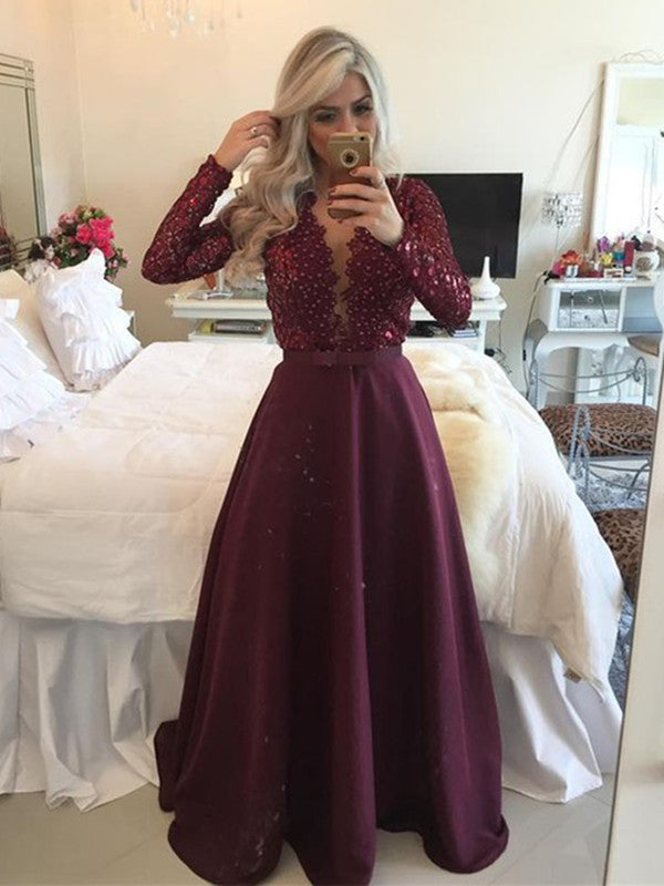 Custom Made A Line V Neck Long Sleeves Maroon Prom Dresses, Maroon For ...