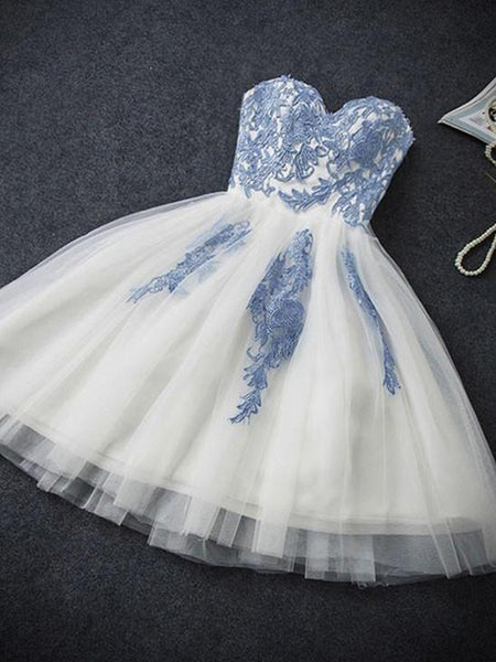 Short White Prom Dress with Blue Lace Applique
