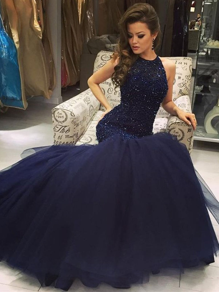 dark blue mermaid prom dress