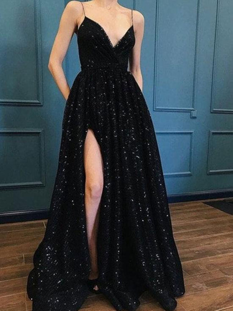 A Line V Neck Black Lace Prom Dress 