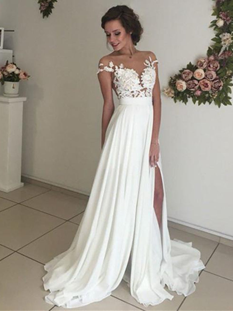 A Line See Through Ivory Lace Wedding Dresses Ivory Lace Prom