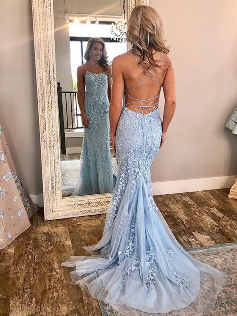 Backless Blue Mermaid Lace Prom Dresses, Backless Lace Formal Dresses ...