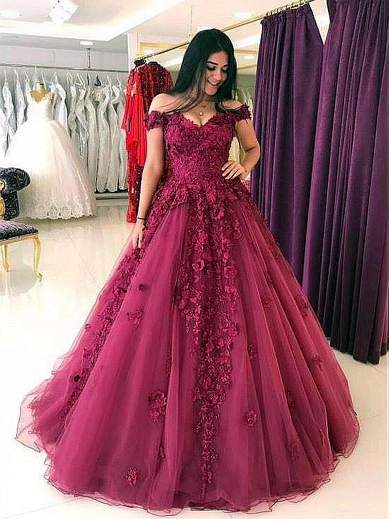 burgundy off the shoulder ball gown