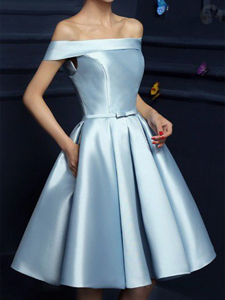 A Line Off Shoulder Light Blue Prom Dresses, Short Blue Graduation Dre ...