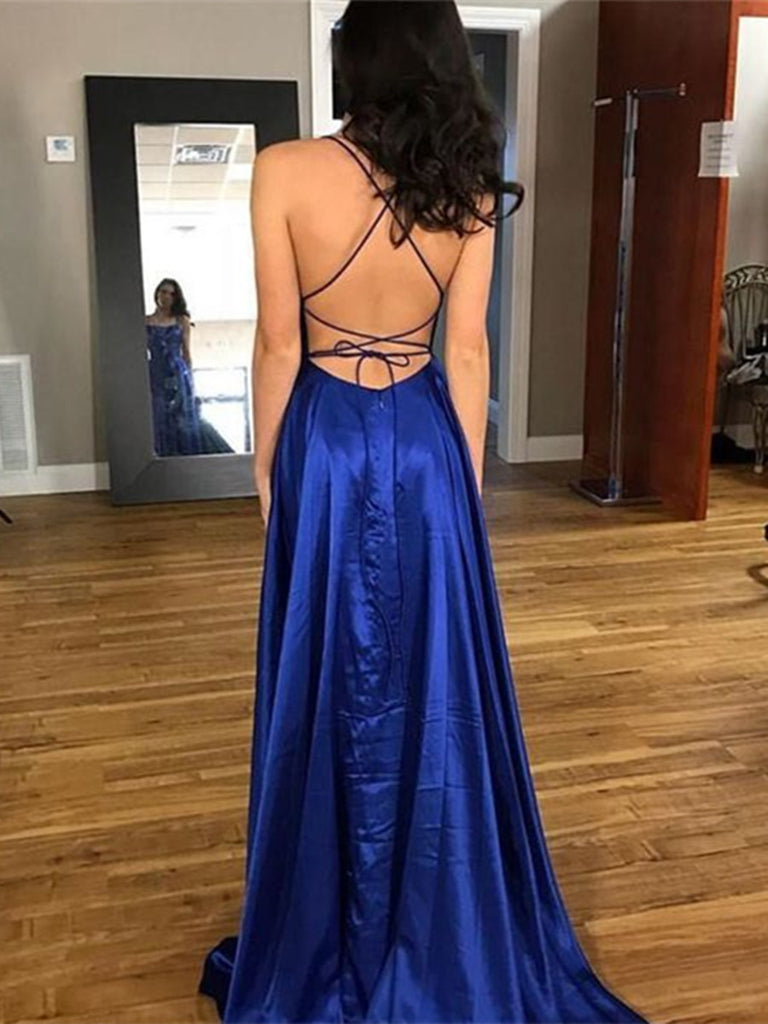 Elegant Backless Blue Prom Dress, Blue 