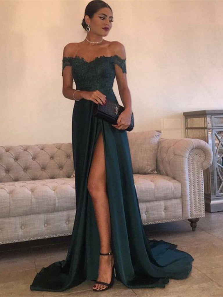 green off the shoulder dress prom