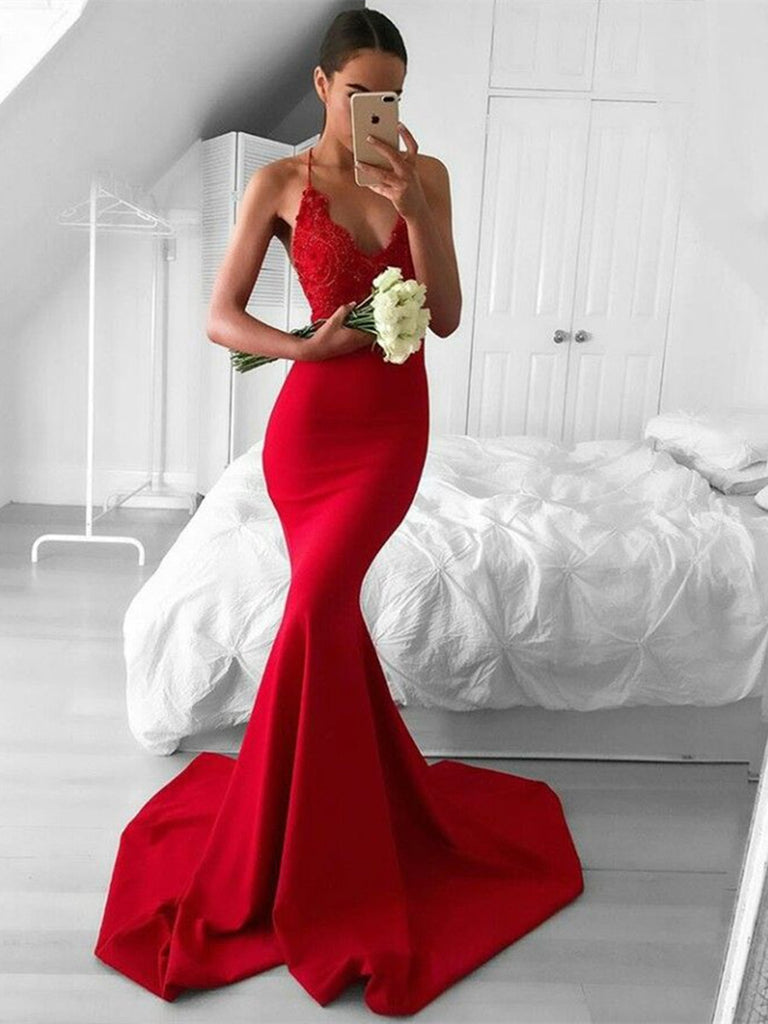 red mermaid prom dress with train
