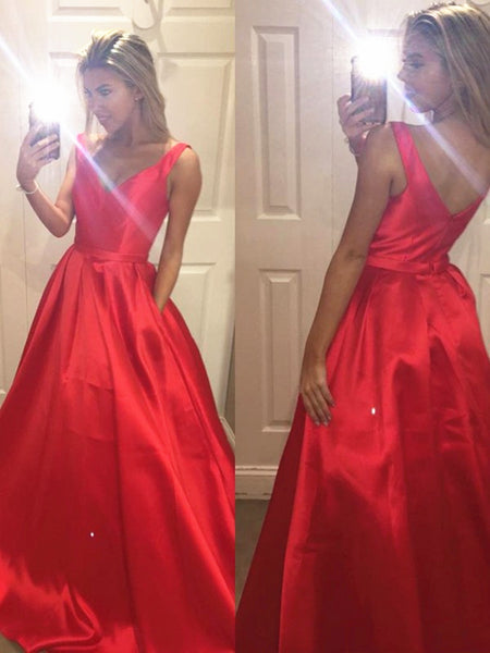 Custom Made A Line V Neck Red Prom Dress, Red Formal Dress, Red Evenin ...