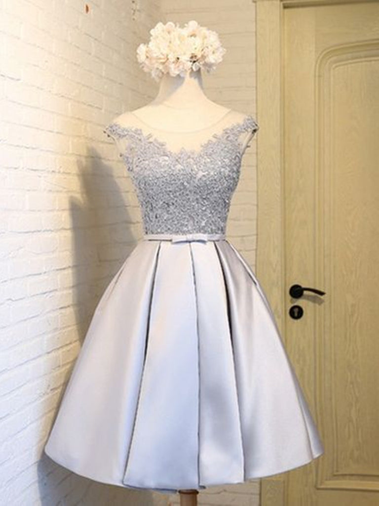 A Line Short Silver Grey Lace Prom 