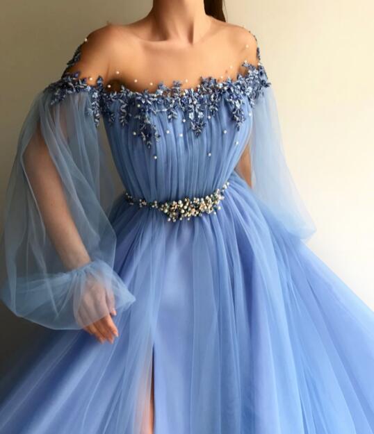 Custom Made Round Neck Baby Blue Tulle Long Sleeves Prom Dresses, Blue ...