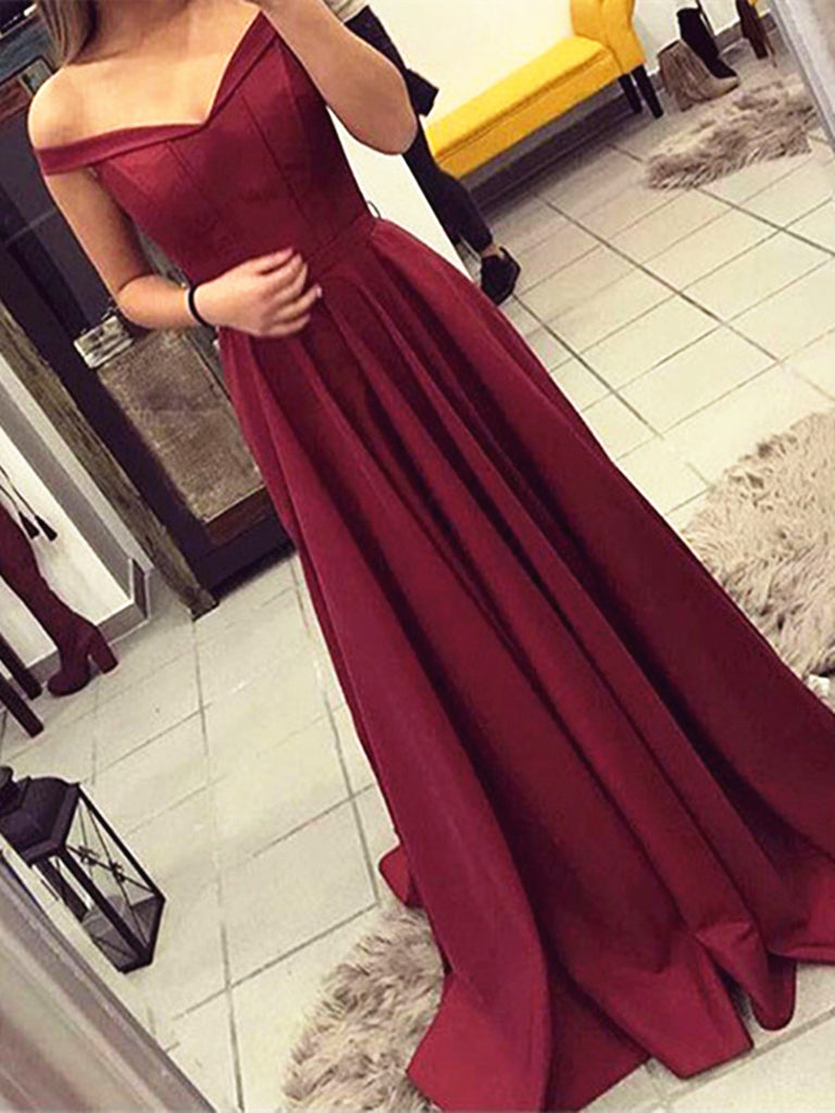 maroon off the shoulder bridesmaid dress