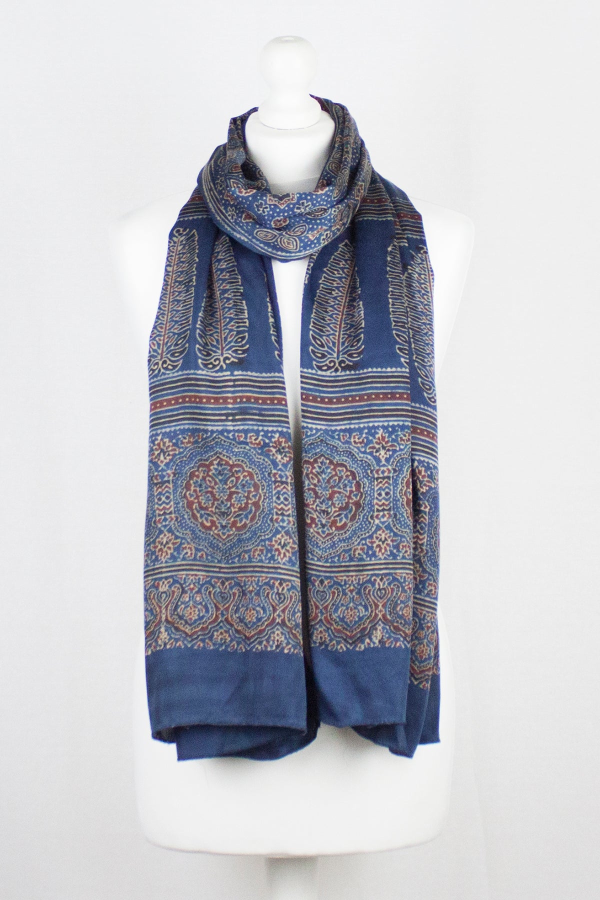 Traditional Geometric & Paisley Ajrakh Block Print Scarf - Blue Red ...