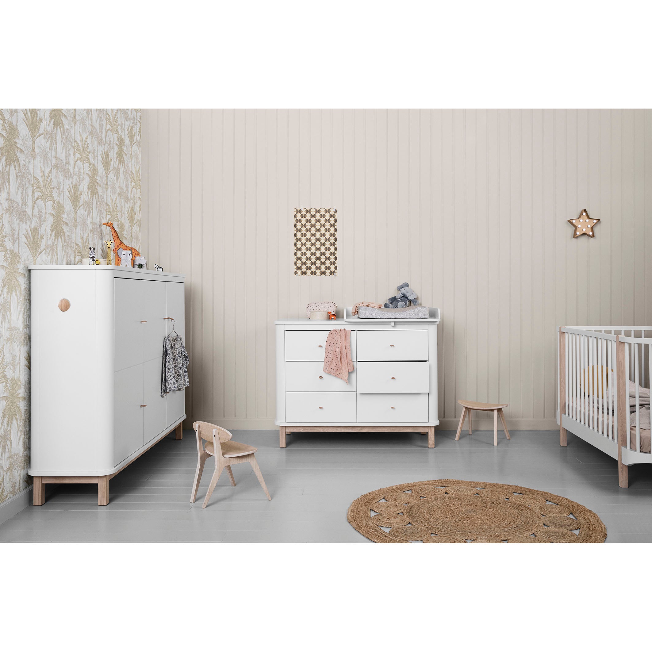 white and wood nursery furniture