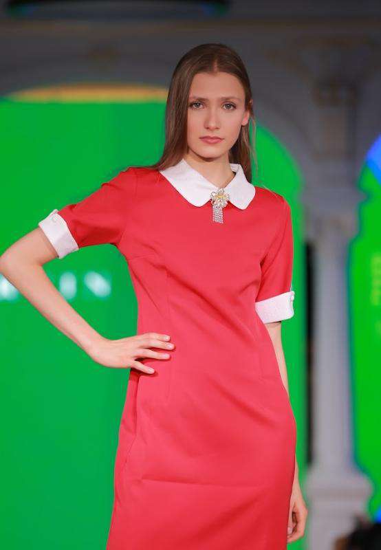 red dress with white collar and cuffs