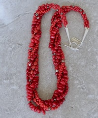 Bamboo Coral 5-Strand Twist Necklace with Czech Glass and Sterling Silver