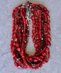 Mixed Bamboo Coral and Poppy Jasper 9-Strand Necklace with Sterling Silver