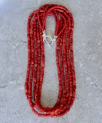 Bamboo Coral Cylinder Bead 5-Strand Necklace with Antique Pote Beads and Sterling Silver