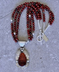 Navajo Gilbert Adakai Spiny Oyster Shell & Sterling Silver Pendant with 3 Strands of Red Agate, Red Tiger Eye and Sterling