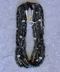 Green Glass Trade Bead 5-Strand Necklace with Czechoslovakian Nailheads and Sterling Silver