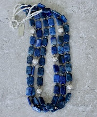 Lapis Lazuli Rectangles 3-Strand Necklace with Czech Glass and Sterling Silver Beads and Toggle Clasp