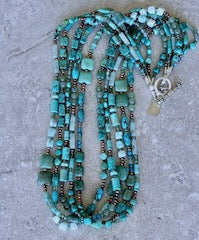 Mixed Turquoise 5-Strand Necklace with Gemstones, Czech Glass and Sterling Silver