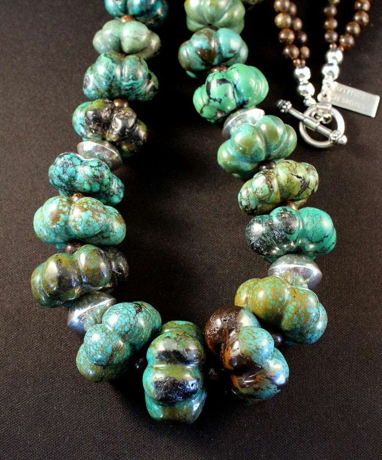 Turquoise Flower Bead Necklace with Bronzite Rounds & Sterling Silver ...