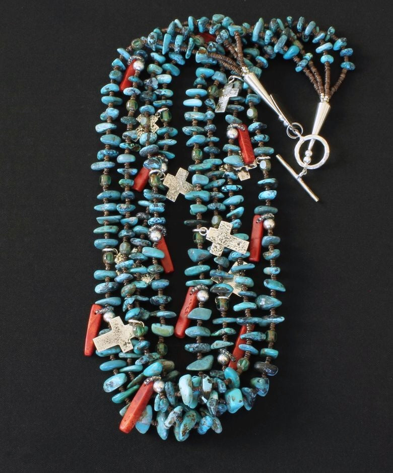 Nevada Turquoise Nugget 4-Strand Necklace with Coral Stick, Reticulated Silver Cross Charms and Sterling Silver Beads, Cones & Toggle Clasp