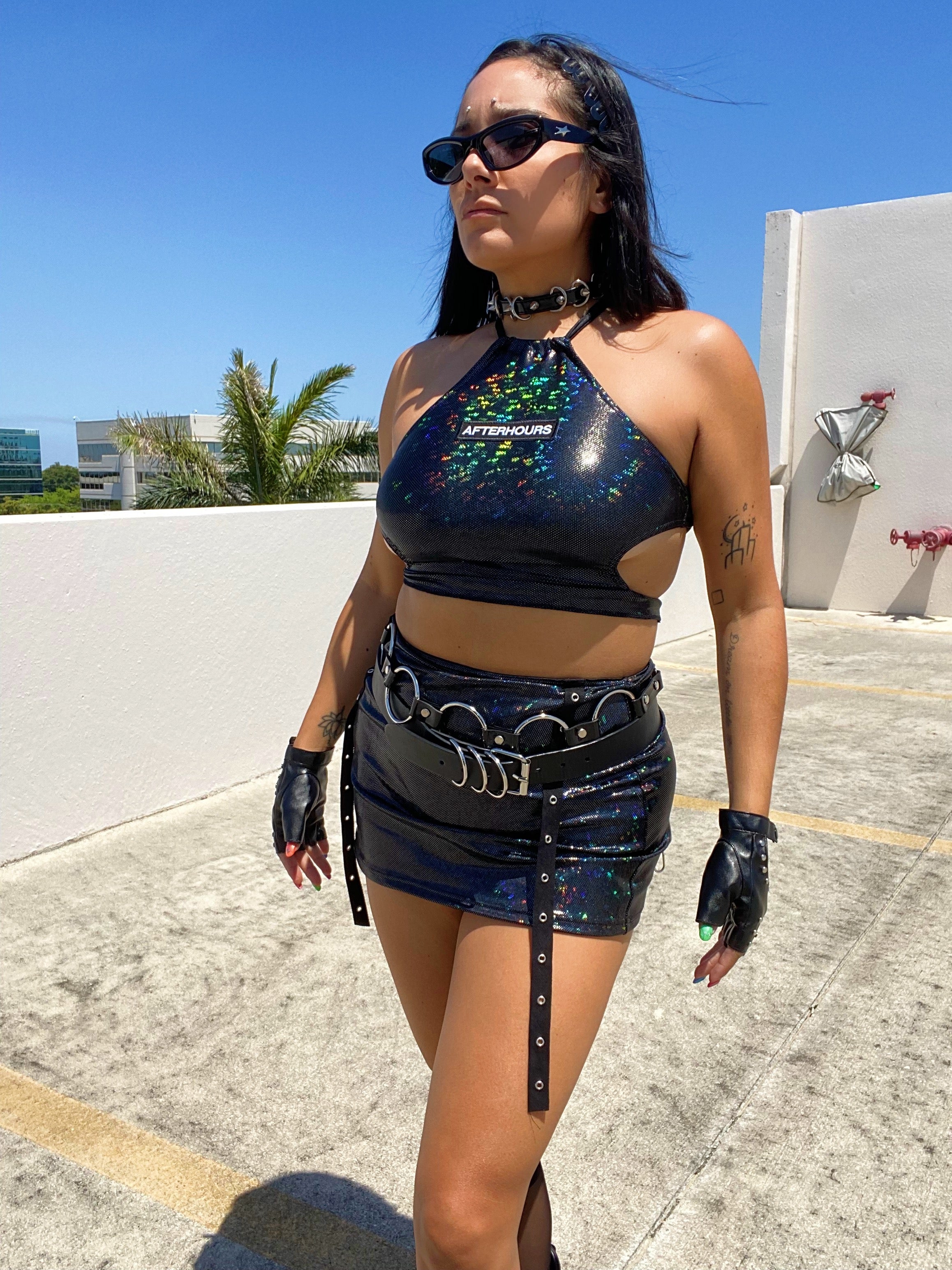 Black Holographic Mini Skirt skirt oraingopartners   