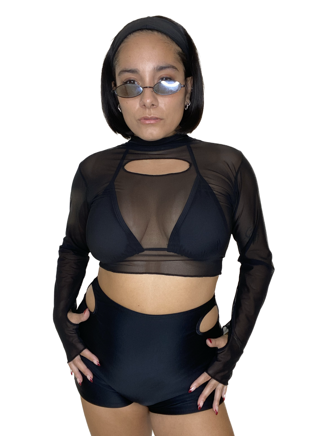 Black Mesh Long Sleeve Cut Out Crop Top long sleeve crop top oraingopartners   