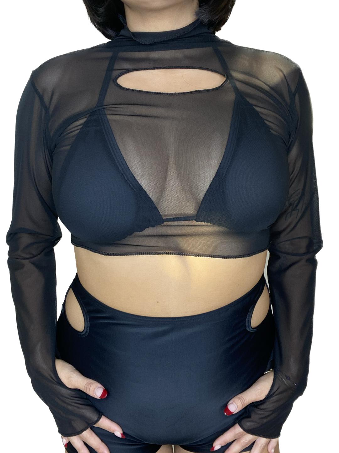 Black Mesh Long Sleeve Cut Out Crop Top long sleeve crop top oraingopartners   