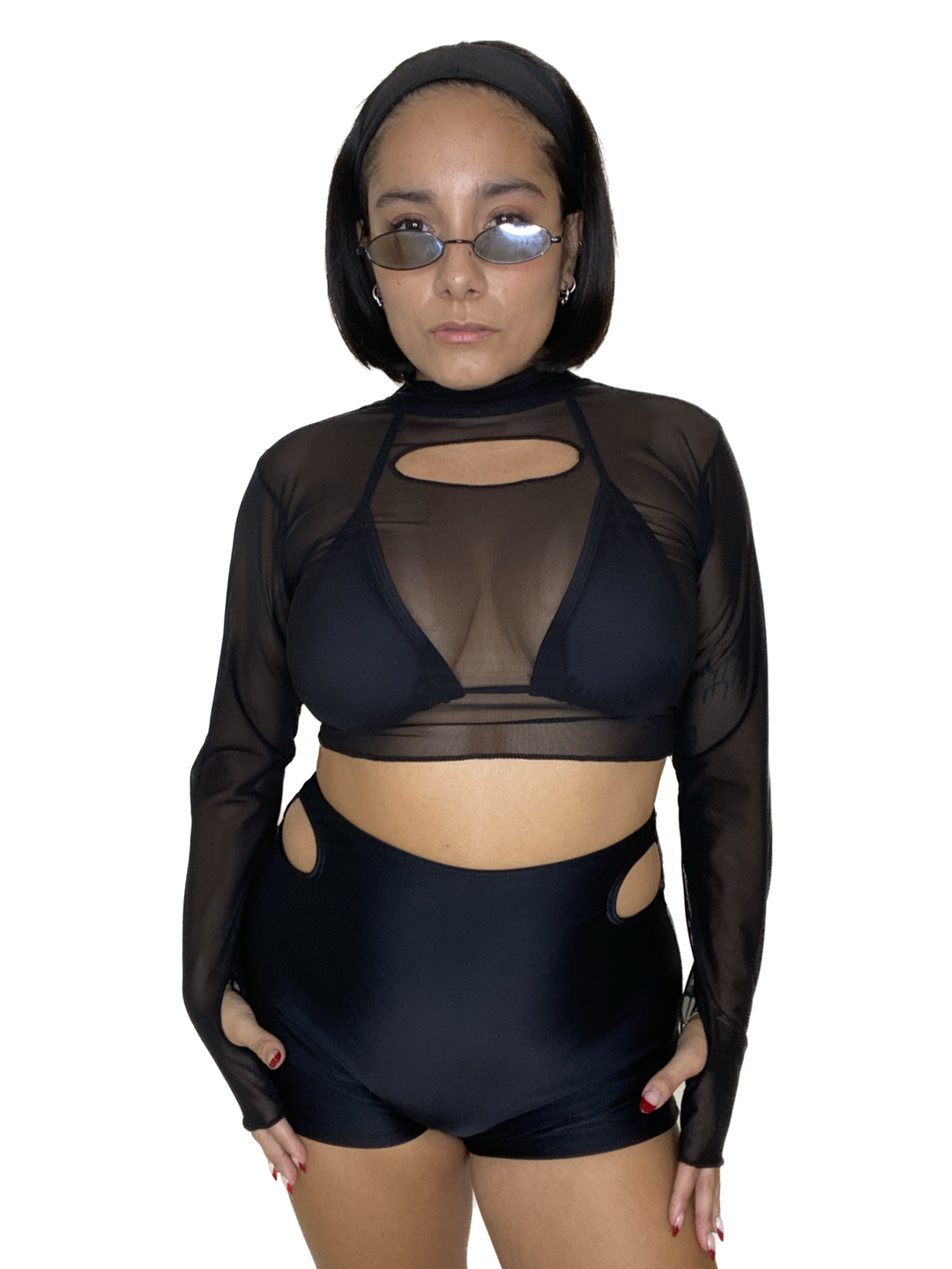 Black Mesh Long Sleeve Cut Out Crop Top long sleeve crop top oraingopartners   