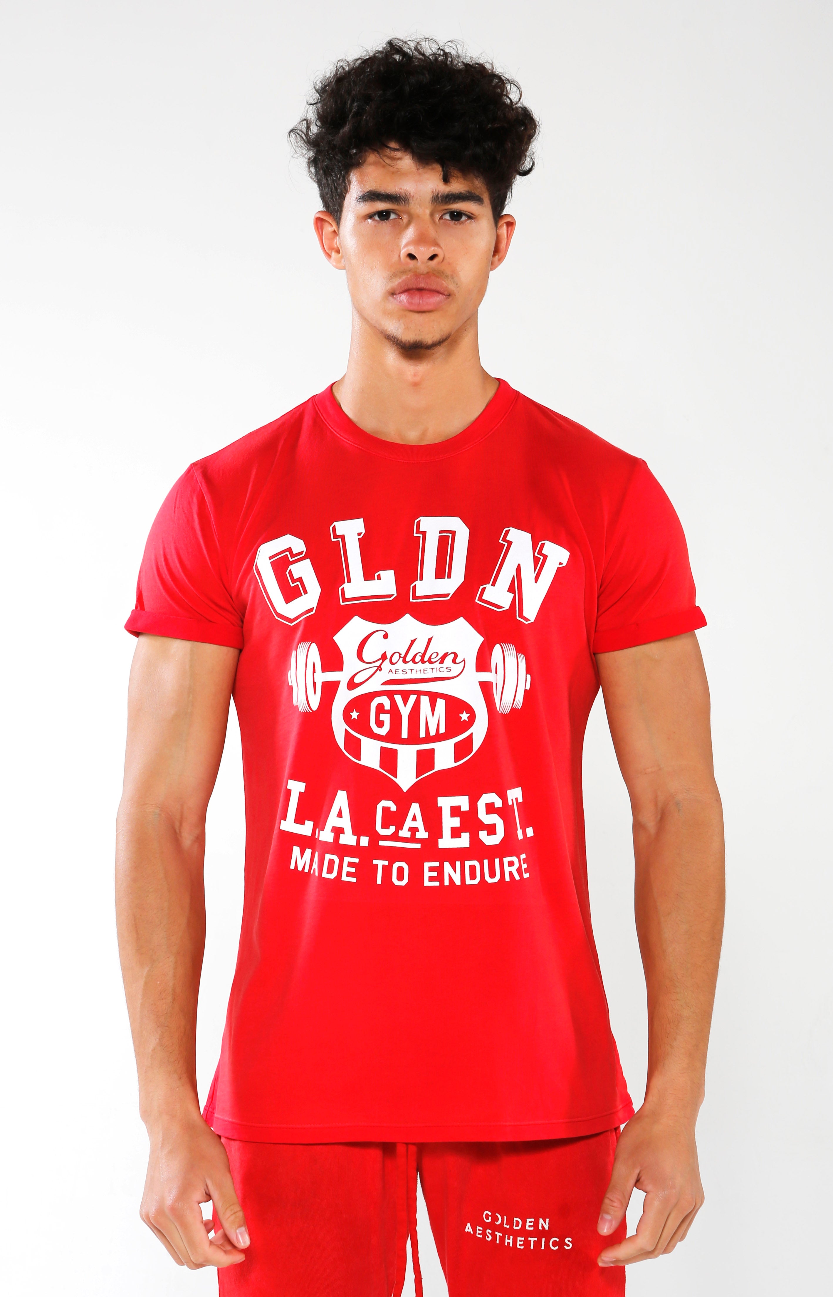 red gym shirt