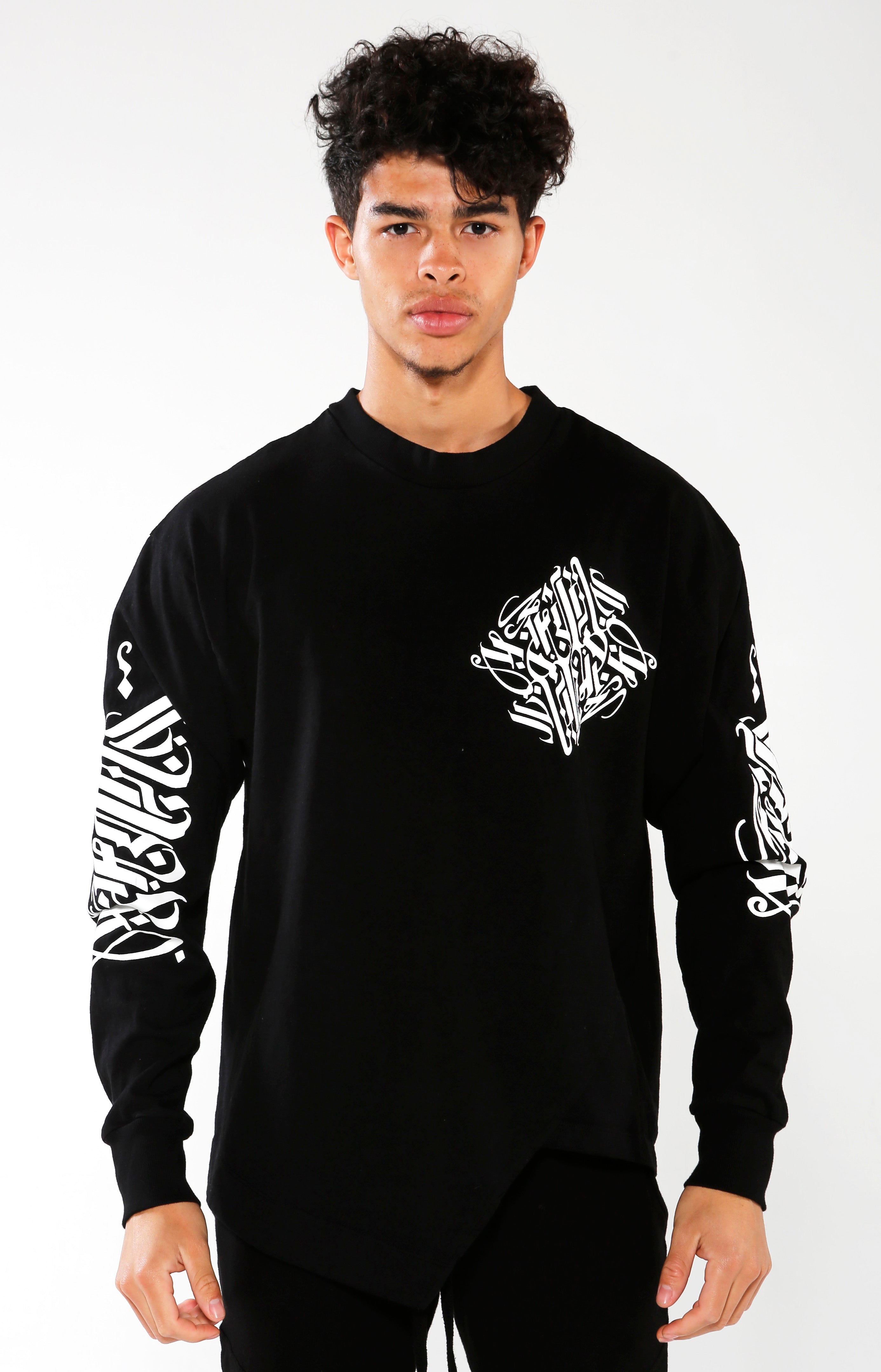 Men's Black Long Sleeve Calligraffiti Top | Golden Aesthetics