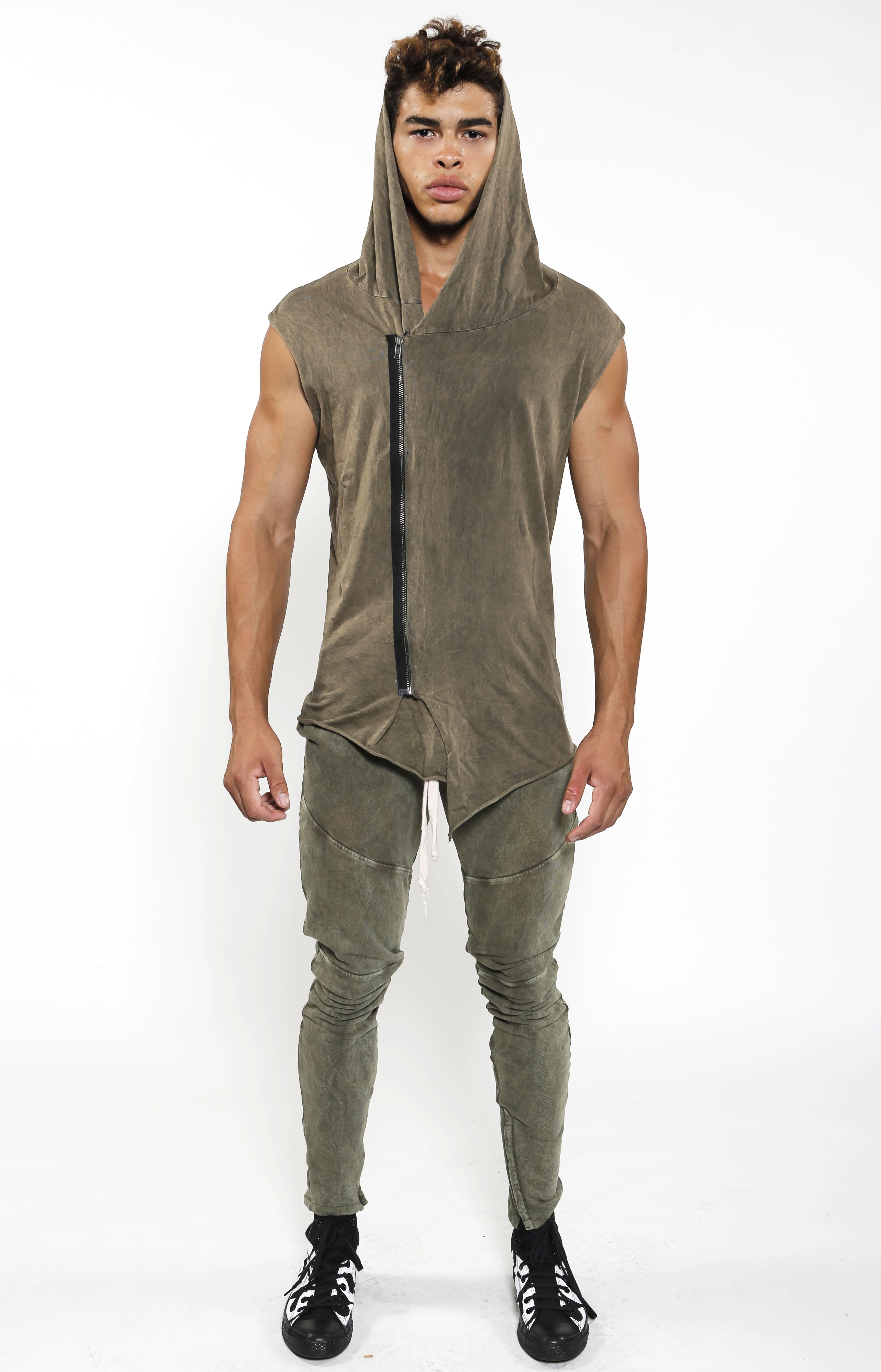 Sleeveless Assassin Hoodie - Olive Mineral – Golden Aesthetics