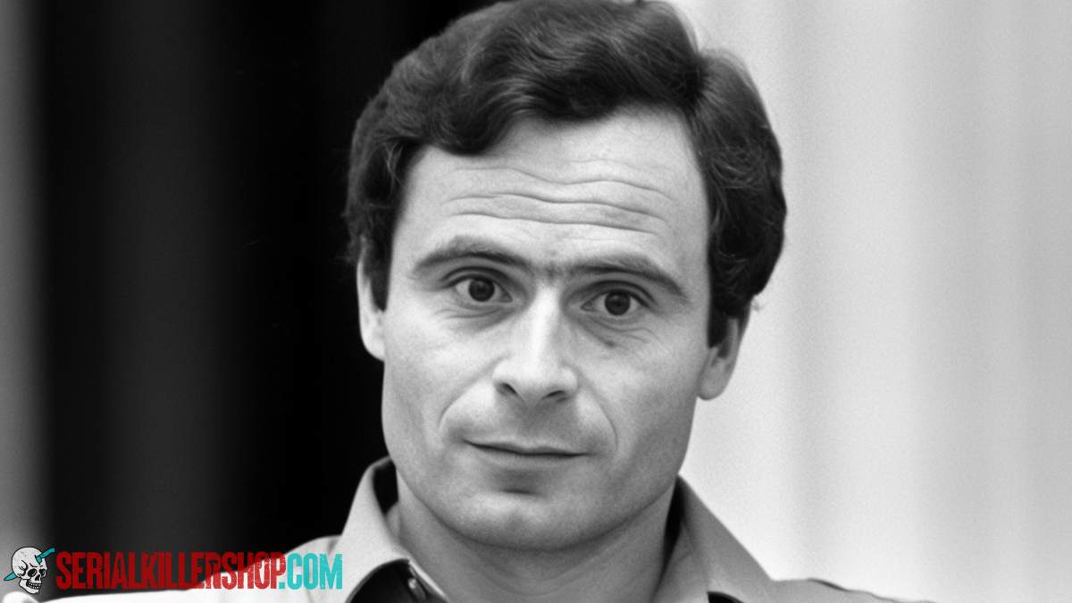 A black and white photo of Ted Bundy