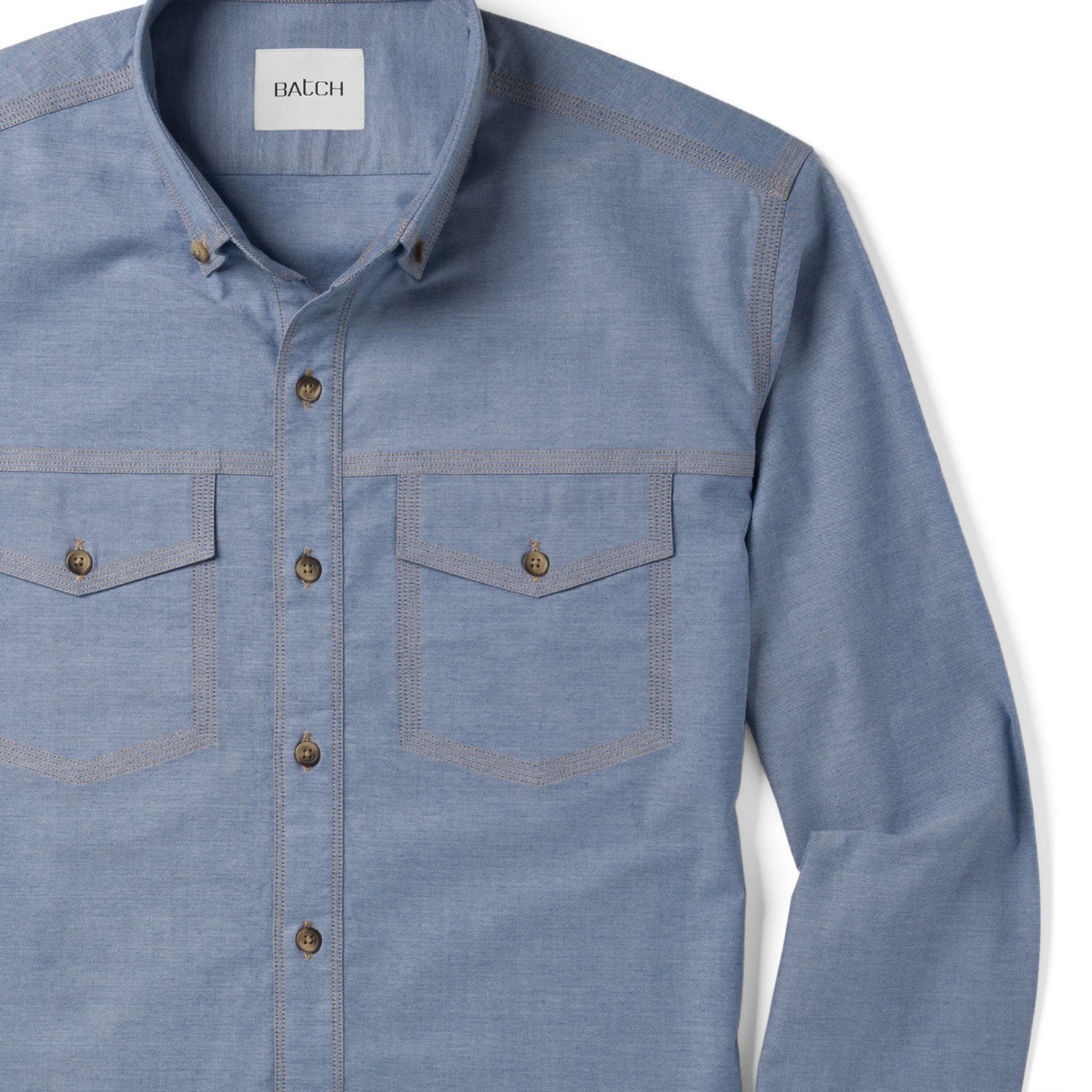 Men's Casual Author Button Up Shirt in Blue Close-Up On Stitching