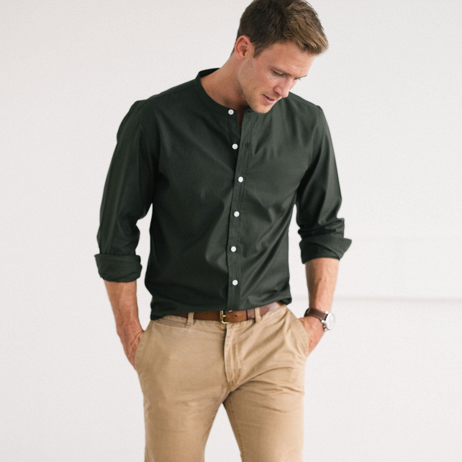 Men's band collar shirt in olive green with chinos image 