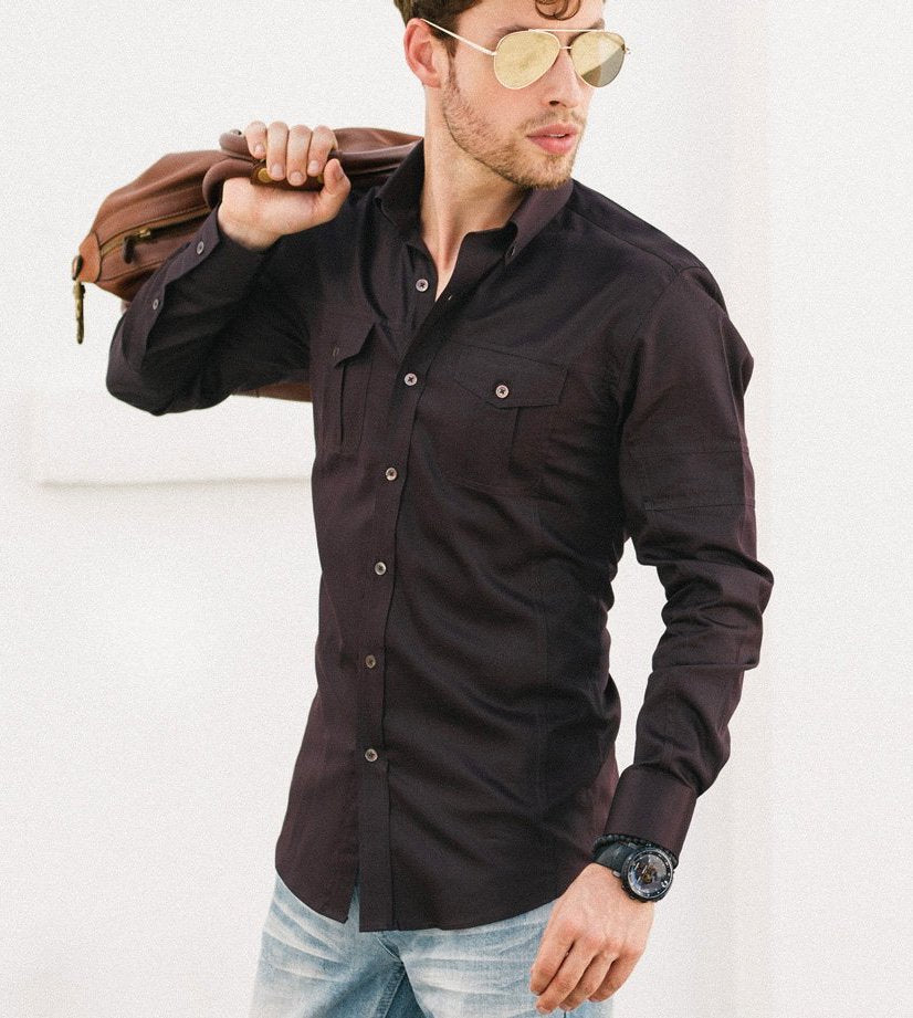 Mitered Cuff on Men's Utility Editor Shirt in Dark Burgundy