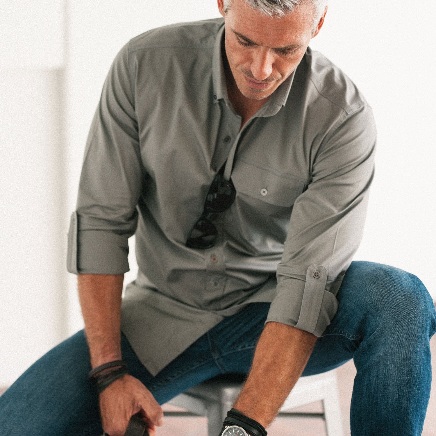 Man wearing green utility shirt