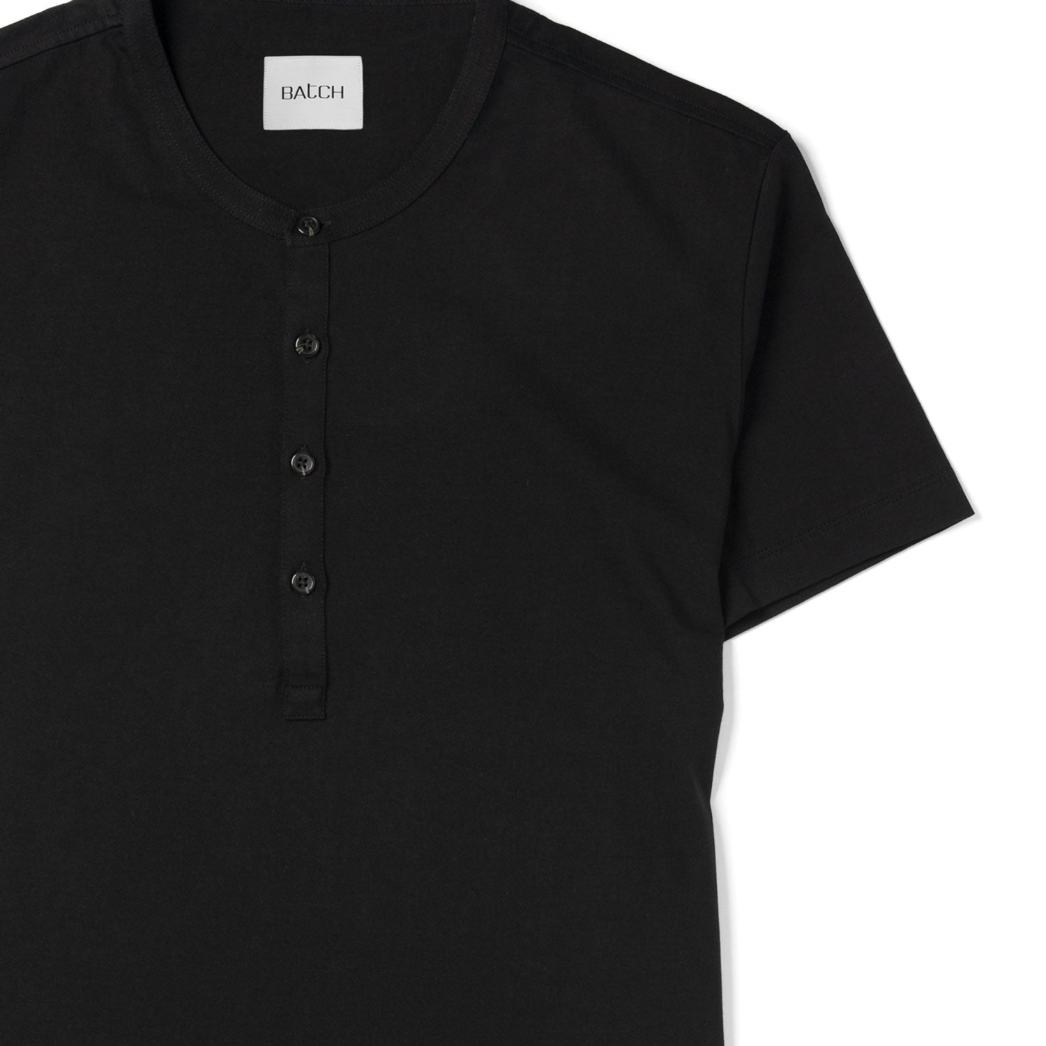 Men's Curved Hem Henley - Short Sleeves in Black Cotton Jersey | Batch