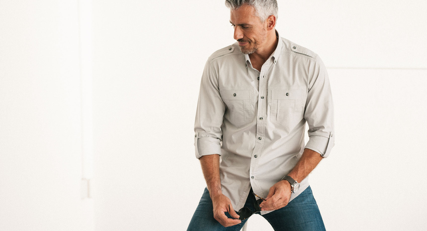 Light Gray Finisher Utility Shirt in Gray Stretch Poplin