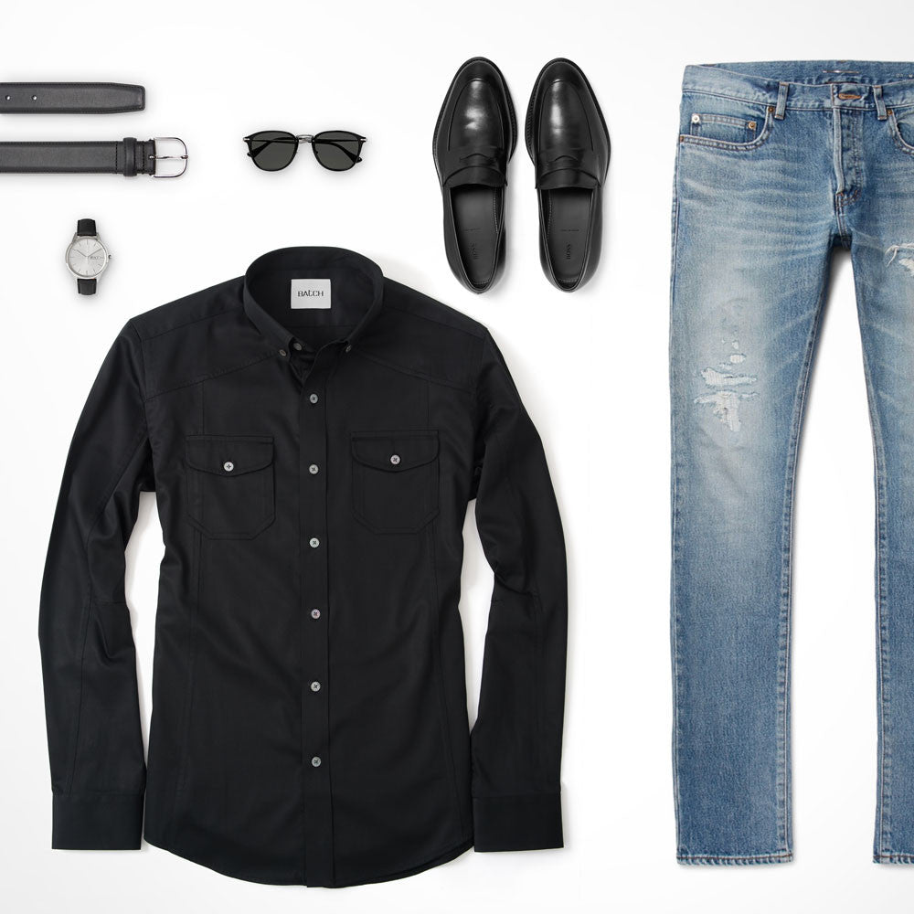 Black Utility Shirt Outfit with Blue Jeans