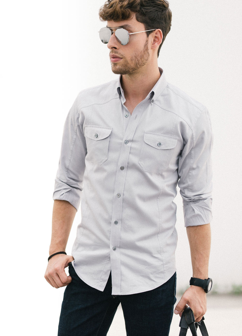 Grey Utility Shirt Rolled Sleeves