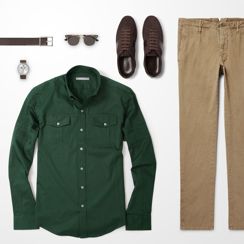 Neutral Bottom Color Top Green Utility Shirt Outfit