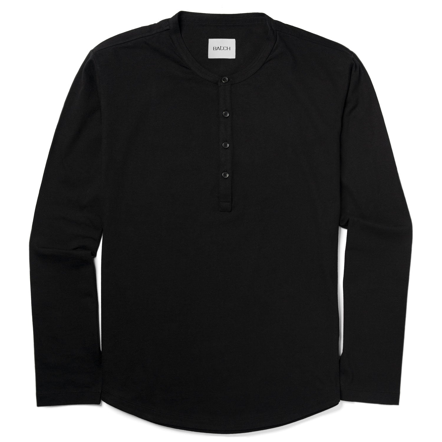 Men's Curved Hem Henley - Long Sleeves in Black Cotton Jersey | Batch