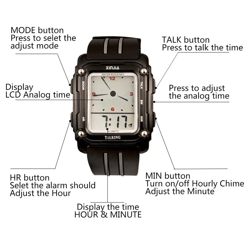 English Talking Digital Dual Time Display Wristwatch – Inspire Watch