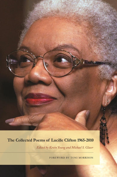 Photo of the cover of The Collected Poems of Lucille Clifton, featuring a photo of an older black woman looking off to the left. She has round glasses and a slight smile, her hair is grey.