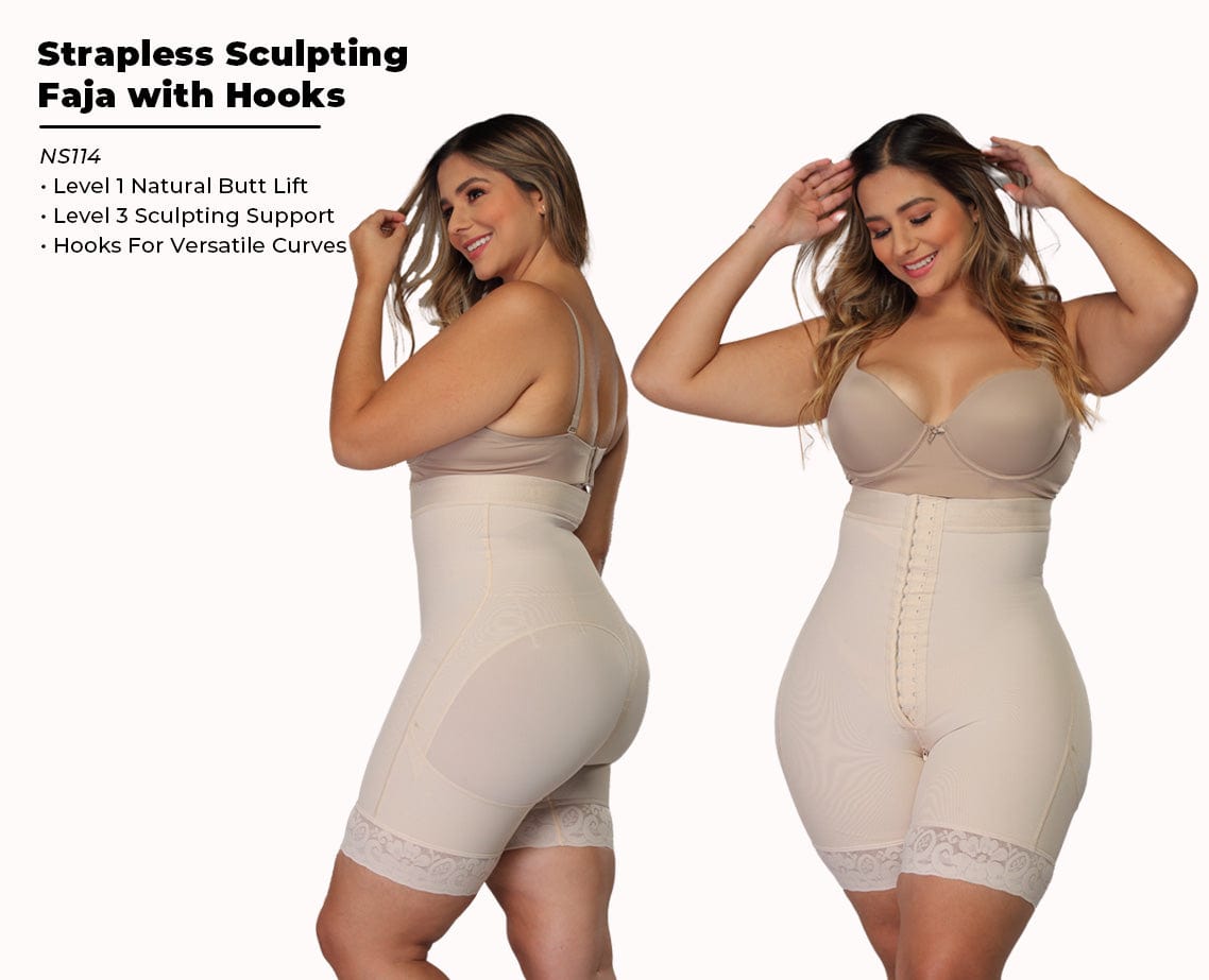 Brunette Latina woman showing off her curves in her low back shapewear.