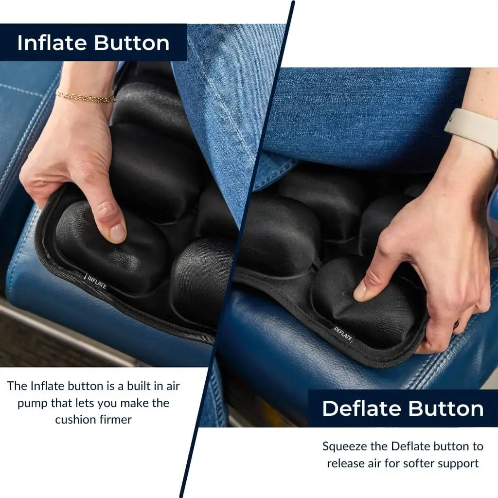 Close-up of Travel Ease cushion showing inflate and deflate buttons